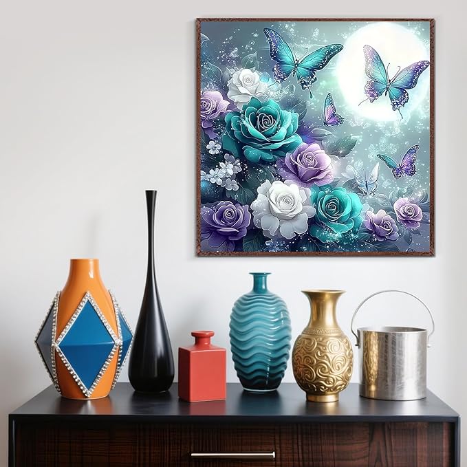 Flower Butterfly Moon Diamond Painting Kits for Adults, 5D Diamond Art Kits for Adults Beginners, DIY Full Round Drill Diamond Dot Painting Gem Art Kits for Adult, Home Wall Decor 13.8x13.8 Inch