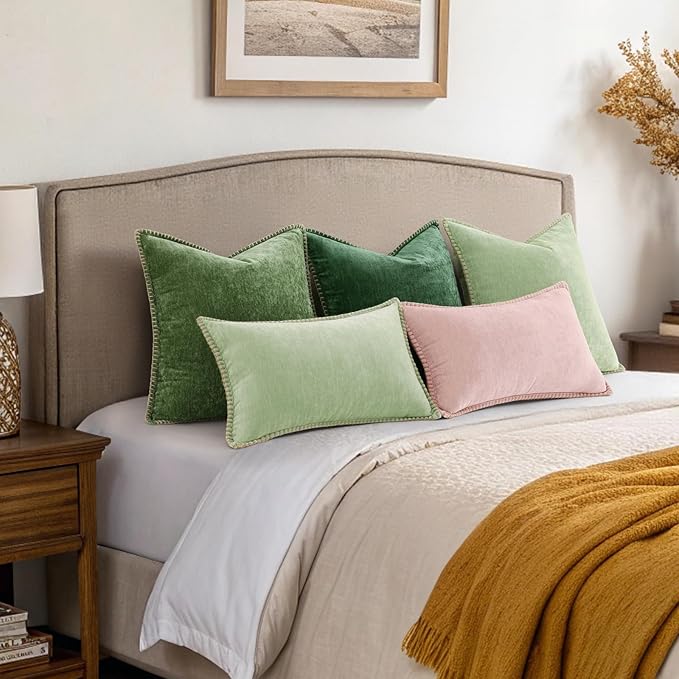 decorUhome Spring Chenille Soft Throw Pillow Covers 22x22 Set of 2, Farmhouse Velvet Neutral Decorative Euro Sham Pillow Covers with Stitched Edge for Couch Sofa Bed Home Decor, Forest Elf