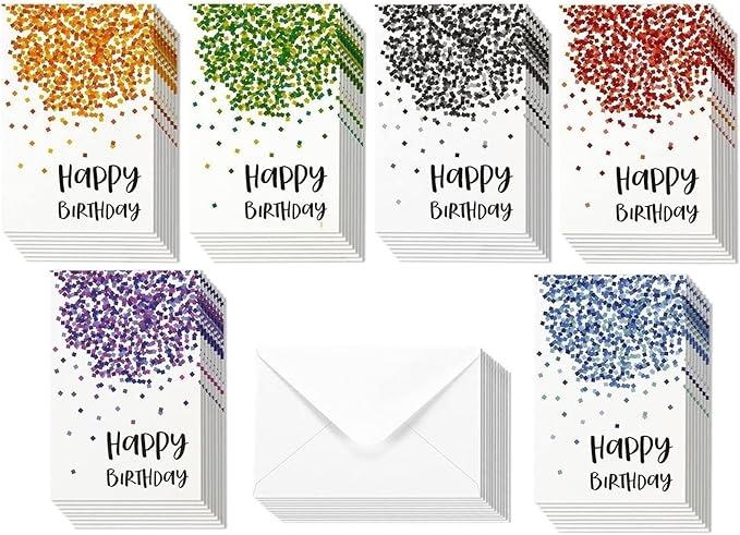 Birthday Greeting Cards - 4 x 6-Inch, 48-Pack, Multicolor Confetti Design - Blank Inside with Envelopes for Party & Business