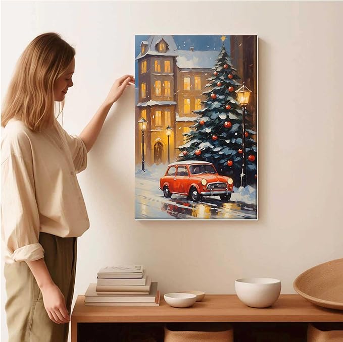 Framed Canvas Wall Art Snowy Christmas tree and red car art print Christmas in the city classic timeless red car snow cosy winters day 20x30in Wood Framed