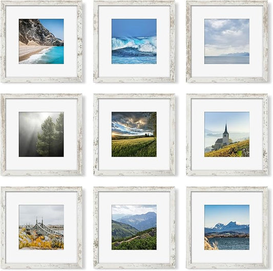 12x12 Picture Frame Set of 9, Photo Gallery Wall Frame Set, Display Pictures 8x8 with Mat or 12 x 12 Without Mat, Square Frame Picture Frames Collage Wall Decor, Distressed White