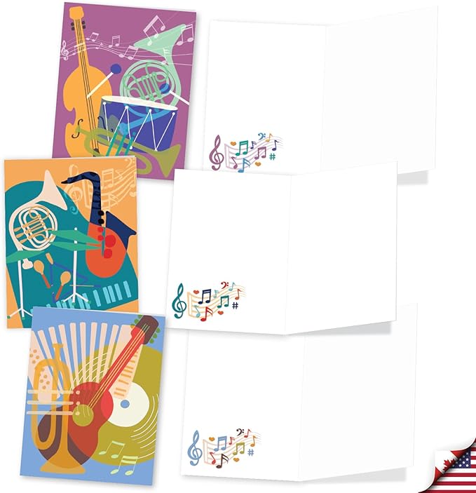 The Best Card Company 20 Assorted Blank Notes Bulk Box Set 4 x 5.12 Inch with Envelopes (10 Designs, 2 Each) Musical Notes AM10042OCB-B2x10