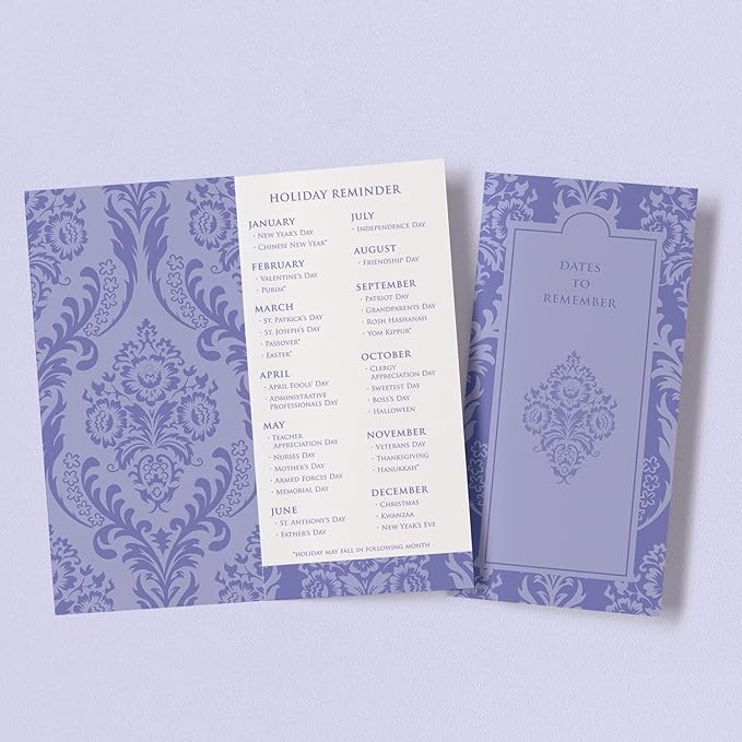 Designer Greetings Greeting Card Organizer Box with Dividers and Calendar, Decorative Lavender Damask Pattern (9.5” x 7.25” x 6”, Holds Up to 75 Greeting Cards), purple - large (711-00005-0000)