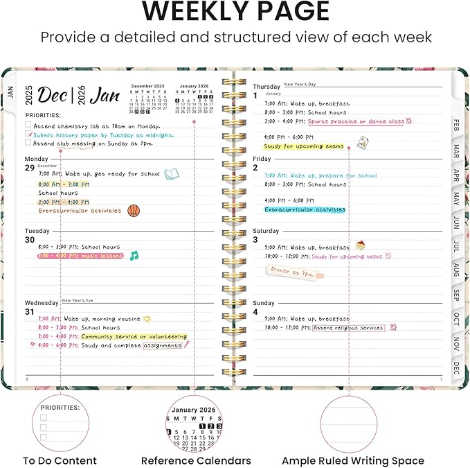 2026 Planner, Weekly and Monthly Calendar Planner for Women, Jan 2026 - Dec 2026, Hardcover Planning Agenda book with Tabs, Spiral Bound, Inner Pocket, Perfect for School Office Supplies, 6.3" x 8.5" - Blush Peony
