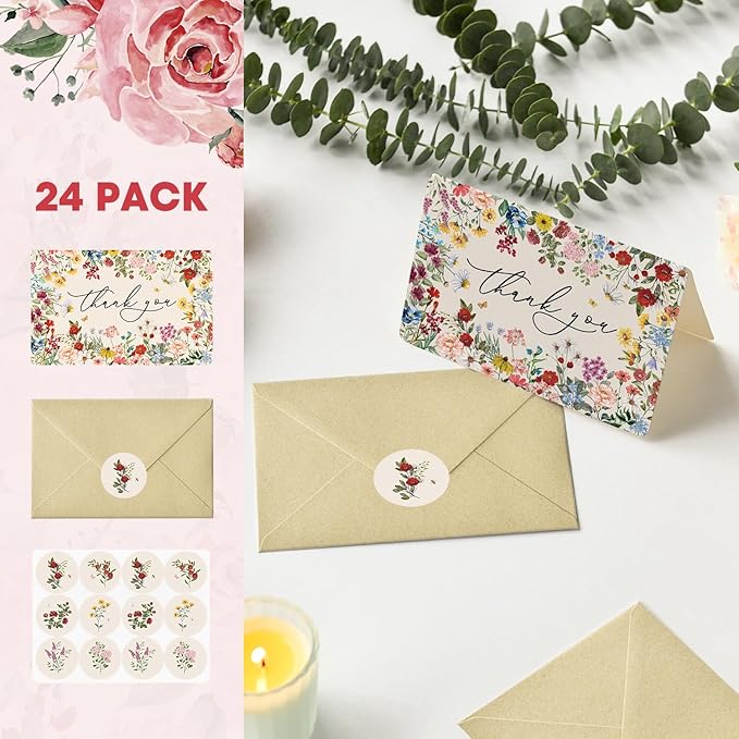 Artoid Mode 24 Pack Vintage Wildflower Thank You Cards Flower Greeting Cards Gift With Envelope Sticker Blank Note Cards for Birthday Wedding Baby Shower Bridal Shower, 4 x 6 Inch