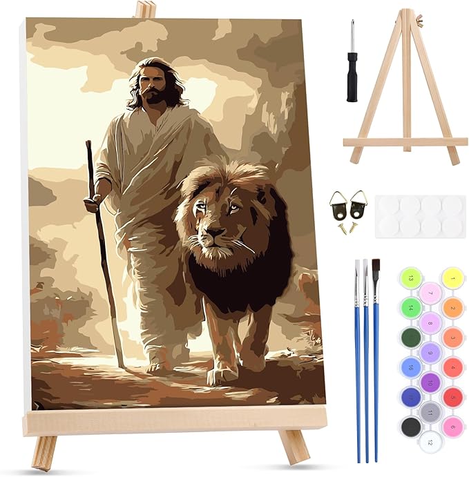 MXJSUA Jesus Framed Paint by Numbers for Adults Beginners, Easy Adults' Paint-by-Number Kits on Canvas with Easel, Lion Acrylic Number Painting Crafts Kits Gifts for Home Decor, 8x12inch