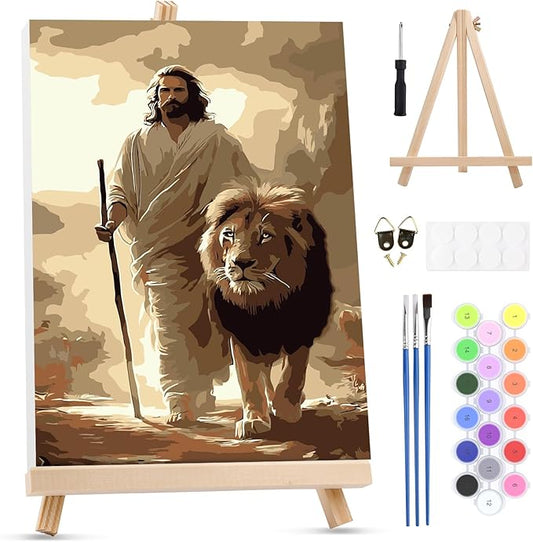 MXJSUA Jesus Framed Paint by Numbers for Adults Beginners, Easy Adults' Paint-by-Number Kits on Canvas with Easel, Lion Acrylic Number Painting Crafts Kits Gifts for Home Decor, 8x12inch