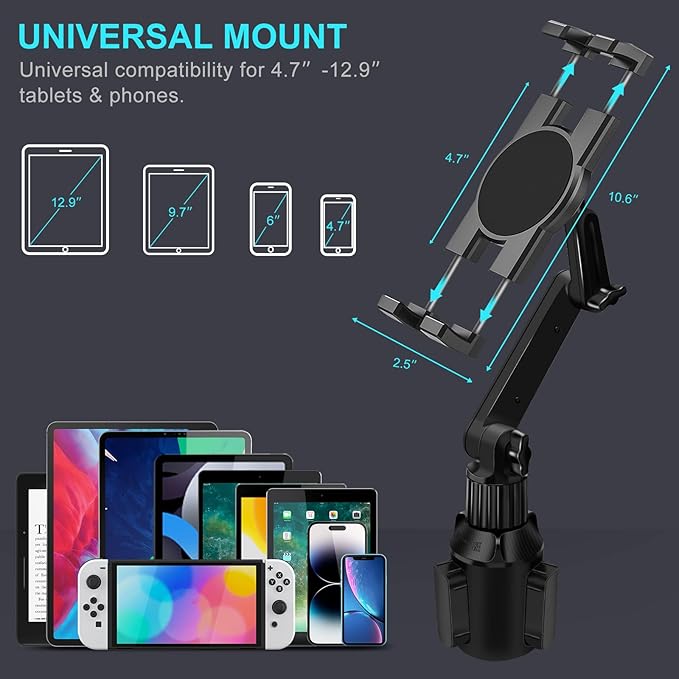 Cup Holder Car Tablet Mount for Truck, 360° Adjustable 15" Long 2-Arm Stand Holder for iPad Pro 12.9/11/10.5/9.7/Air/Mini 6/5/4, Samsung Galaxy Tab/Z Fold 6/5/4, iPhone 17/16/Pro, 4.7-12.9" Tab &Phone