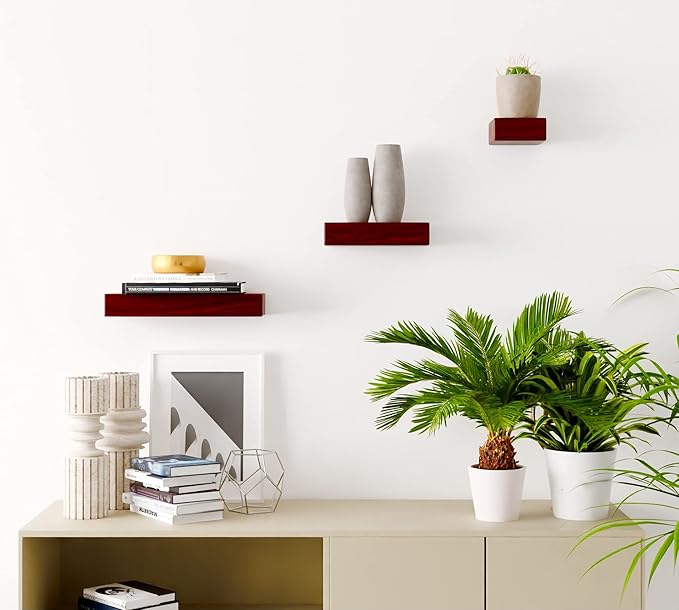 Solid Wood Size Variety Floating Wall Shelves Home Decor in Mahogany Color, Holds 30 Ibs Each Easy Installation for Living Room, Bedroom, Bathroom, Kitchen, and Office.