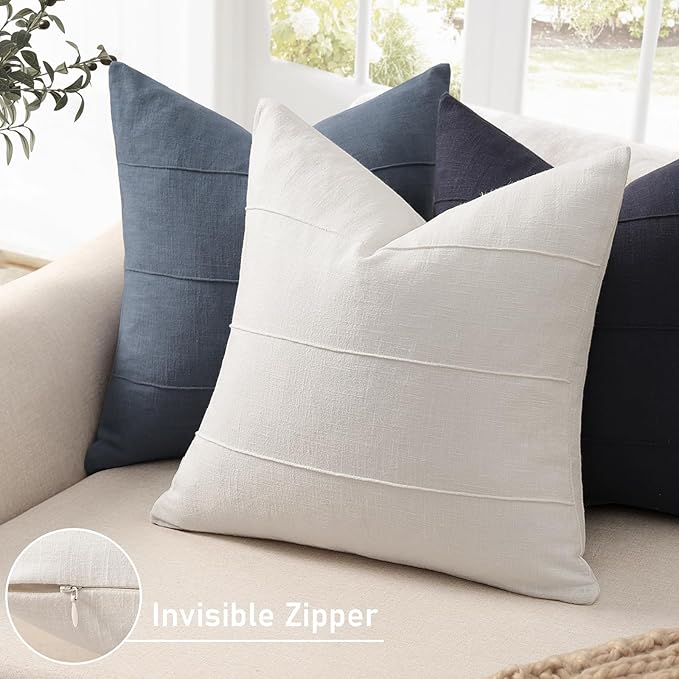 12x20 Pillow Covers Set of 2 Decorative Linen Lumbar Pillow Covers Solid handcrafted Striped Cushion Covers for Bed Soft Modern Farmhouse Neutral Pillowcase for Couch Bedroom Living Room(Cream White)