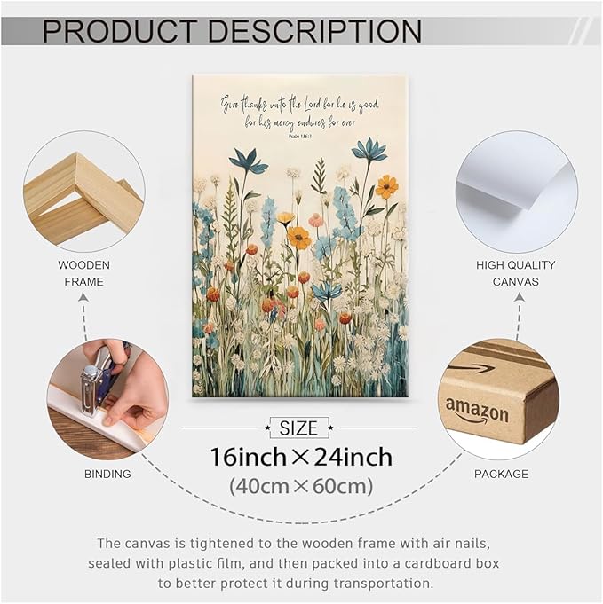 Religious Christian Wildflower Wall Art Bible Verse Scripture Poster Vintage Botanical Canvas Prints 16X24 inch Framed for Apartment Bedroom Gallery Wall Decor