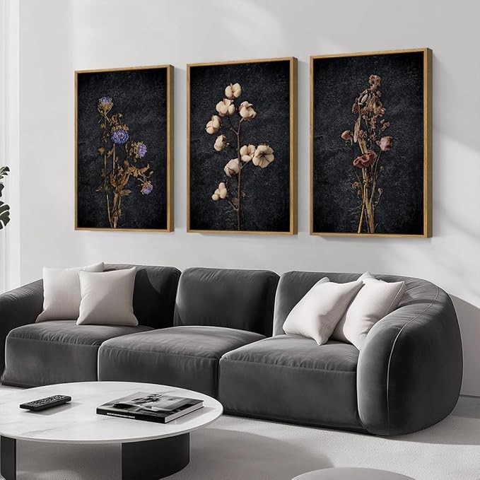 Anyzal Large Dark Moody Wall Art Framed Black Dried Floral Wall Decor Vintage Wildflower Artwork Prints for Living Room Bedroom Office 16x24 Inch Set of 3