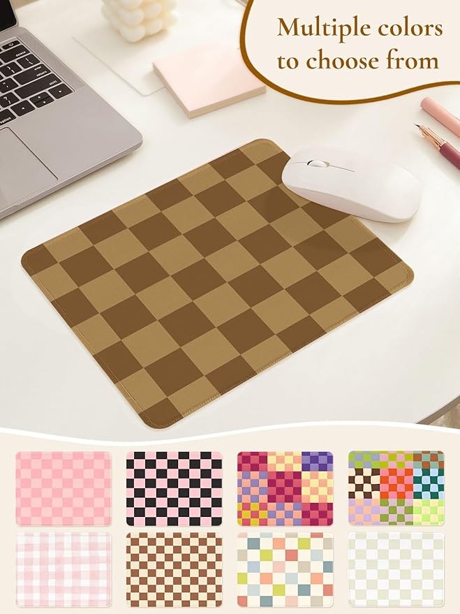Cute Brown Mouse Pad,Retro Checkered Pattern Mousepad,Square Aesthetic Plaid Waterproof Grid Mouse Mat Design, Non-Slip Rubber Base Computer Funny Boho Small Mouse Pads, Desk Accessories