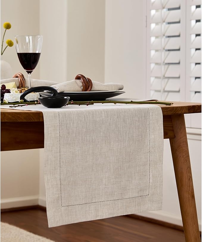 Solino Home Linen Table Runner 108 Inches Long - Classic Hemstitch 100% Pure Linen Light Natural Dining Table Runner 14 x 108 Inch for Spring, Easter