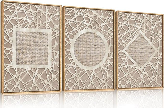 Large Boho Neutral Geometric Framed Canvas Wall Art,Modern Circle Square and Rhombus Wall Decor,Minimalist Shapes Artwork,Abstract Mid Century Art Print For Living Room,Bedroom,Office-24"x36"x3
