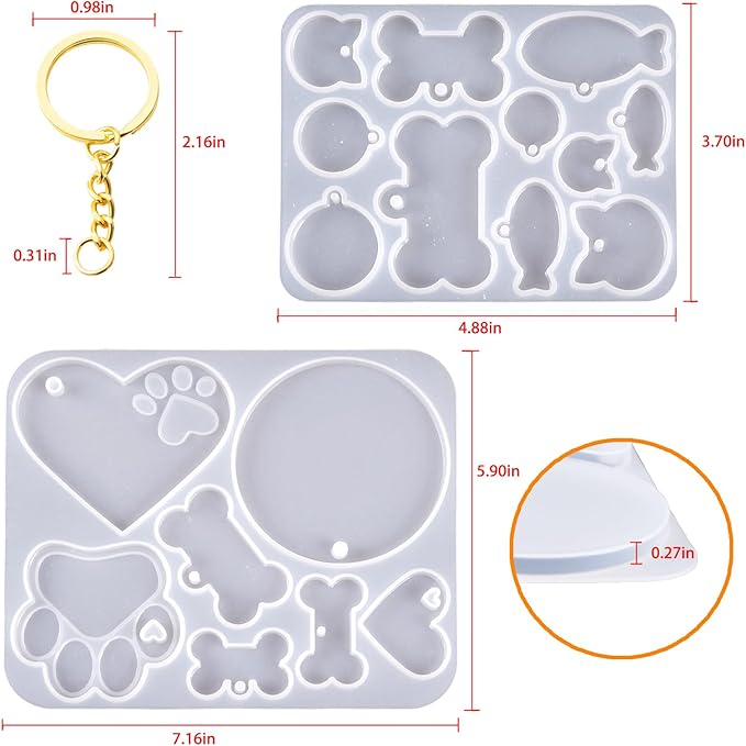 Pet Tag Resin Molds, Silicone Mold for Resin Casting Pet Collar Tags, Dog Paw/Bone/Circle/Heart Silicone Mold Set with 10 Keychains, DIY Keychain Pendant Charm Crafts-Make Dog Cat Name Tags