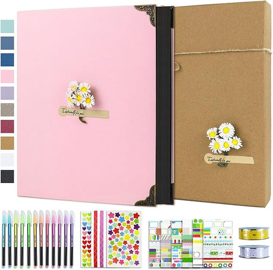 Vienrose DIY Scrapbook Photo Album Kit with Pens Tapes and Stickers 60 Pages Hardcover 8.5x11 Inches 3 Rings Removable Black Paper Scrapbooking for Lover Friends Kids Wedding Pink