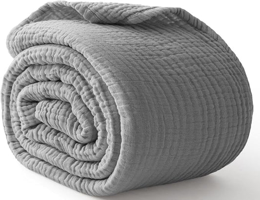 100% Cotton Muslin Blanket Large 50" x 70", 6 Layers Breathable and Lightweight Cotton Throw Blanket for Bed and Couch, Soft Quilt Bedspread, Gauze Blanket for Adults All Season, Grey