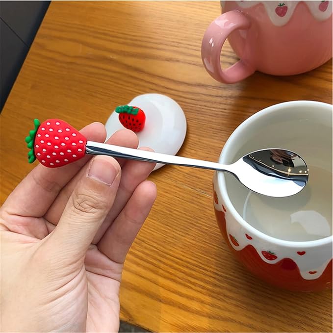 Coffee Mug Cups Ceramic Tea Cup Fruits Strawberry Shaped Handmade Cute Mugs With Lid Spoon Handle Office Home Hot Ice Chocolate Milk Mugs Gift Microwave Dishwasher Safe Travel Mugs (Strawberry)