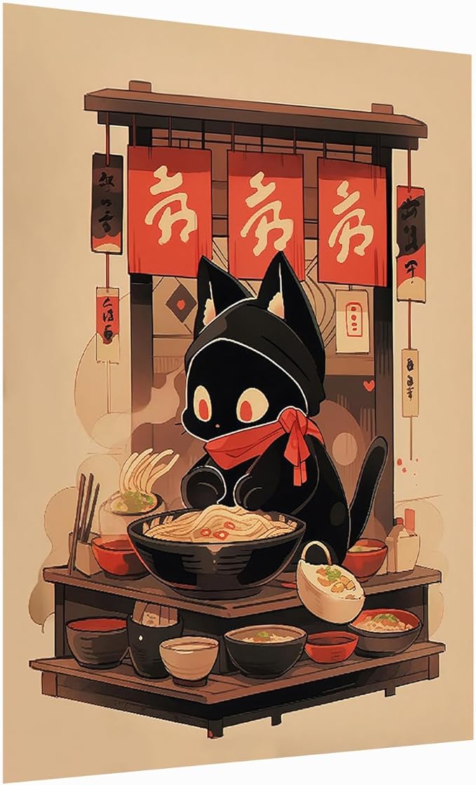 Ramen Shop Cat Poster,Noodle Black Cat Poster,Vintage Ramen Print,Lucky Cat Print,Tokyo Print,Funny Cat Shop Owner Art,Edo Period,Kitchen Wall Decor24x36Unframed
