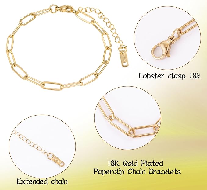 15PCS 18K Gold Plated 6.3Inch Paperclip Chain Bracelets Kit Stainless Steel Adjustable Charm Bracelets with Lobster Clasps for DIY Jewelry Making
