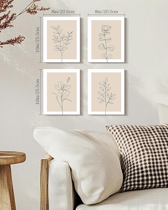 Drsoum Botanical Boho Framed Wall Art Wooded Minimalist Aesthetic Flower Prints Farmhouse Retro Plants Rustic Bathroom Kitchen Home Decor Ready to Hang 8x10inx4pcs (Framed)