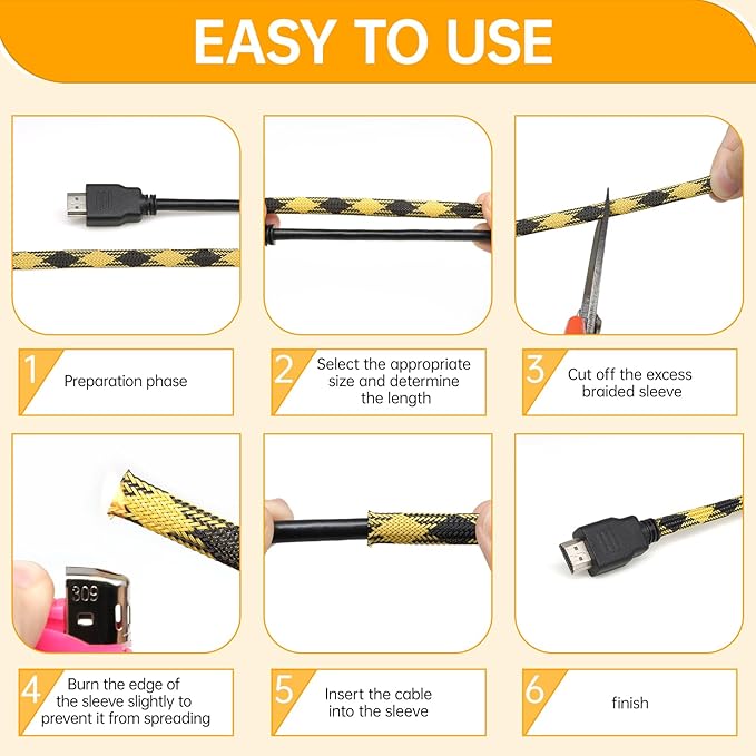 Braided Wire Loom Sleeve - Pet Proof Chew Resistant Cable Wrap, High Density Expandable Cable Sleeving for Automotive Wire Harness & PC Computer Case 16.4ft (Black Yellow, 6mm (1/4"))