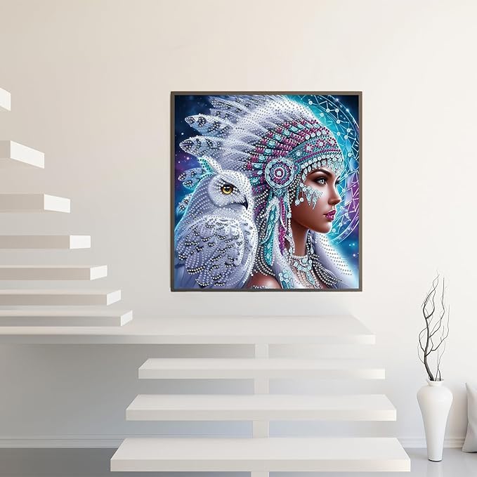 Acelii 5D Diamond Art Kits for Adults Beginners,Indian Young Woman and Owl DIY Full Round Drill Diamond Painting Kits,Rose Paint by Diamonds Dots Gem Art Easy,Home Wall Decor 14X14 Inch