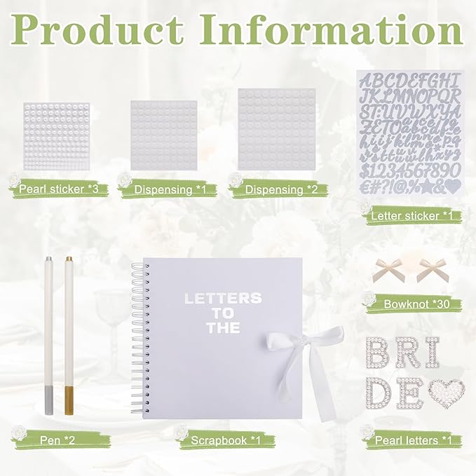 BINBE 8 x 8 Inch Letters to The Bride Scrapbook Kit DIY Blank Paper Scrapbook Photo Album Wedding Memory Book Bridal Guest Book Sign with Pearl Stickers, Letter Patches, Bows White