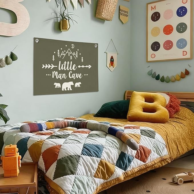 Boys Room Decor Wall Art,Woodland Nursery Decor,Little Man Cave Sign for Boys Banner Canvas,Nursery Room Wall Hanging for Bedroom,Farmhouse 30X20 Inch