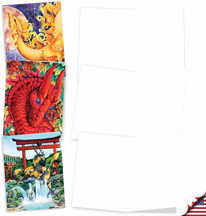 The Best Card Company - 10 Blank Note Cards (4 x 5.12 Inch) - Fun Mythical Fantasy Cards, Assorted Greetings Boxed - Dragon Dreams AM6293OCB-B1x10