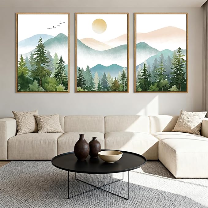 Anyzal Framed Green Mountain Wall Art Forest Painting Framed for Living Room Bedroom Bathroom 16x24 Inch Set of 3