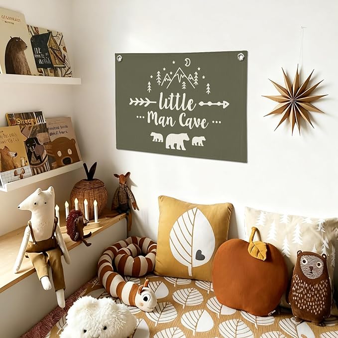 Boys Room Decor Wall Art,Woodland Nursery Decor,Little Man Cave Sign for Boys Banner Canvas,Nursery Room Wall Hanging for Bedroom,Farmhouse 30X20 Inch