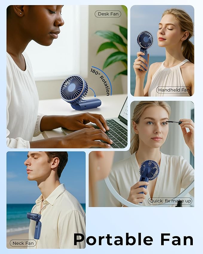 Portable Handheld Fan, Portable Fan Rechargeable, 4000mAh, 180° Adjustable, 6 Speed Wind, Display Electricity in Real Time, USB Rechargeable Foldable F an, Quiet Personal Fan with Power Bank