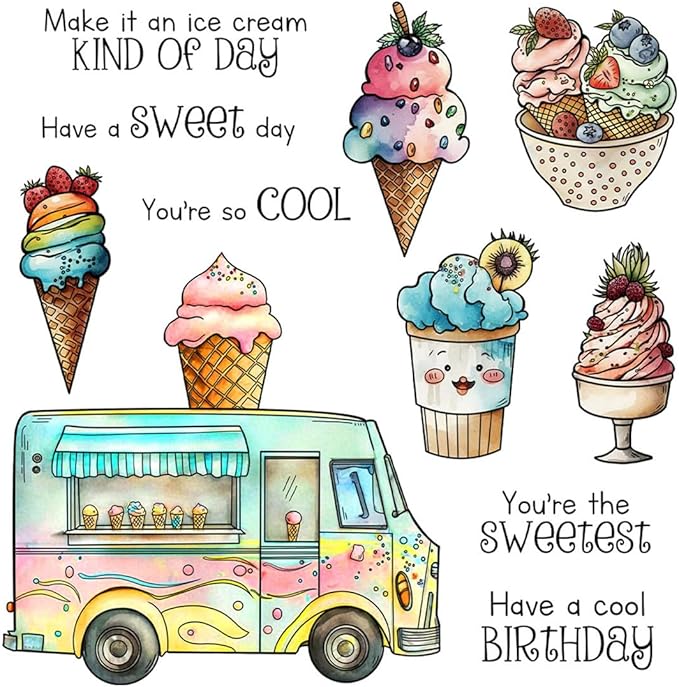 Ice Cream Cart Cones Stamps and Cutting Dies for Card Making DIY Transparent Silicone Clear Stamp and Metal Die Cuts Sets for Scrapbooking Paper Greeting Cards Decor Seals Craft Supplies