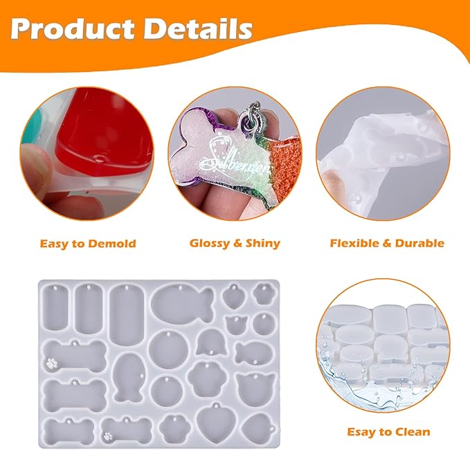 SAGOOITS Pet Tag Resin Mold Silicone,with Letter Resin Stickers and 10Pcs Keychains,Dog Tag Molds for Resin, Bone Cat Shaped Keychain Silicone Resin Molds DIY Crafts Making Tag Charm Pendant
