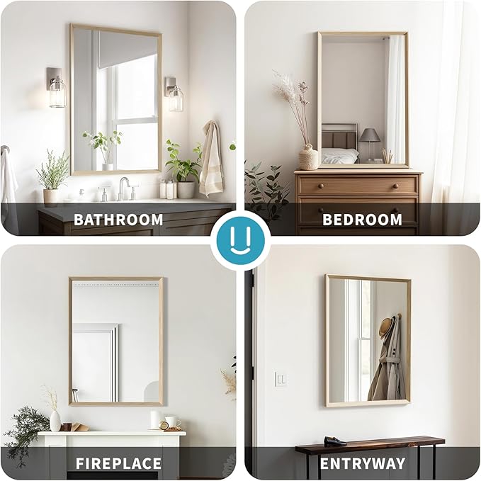 Oak Wood Effect Framed Wall Mirror, 32x40 Rectangle Mirror, Anti-desilvering Tempered Glass, Sustainable& Sturdy Frame, Anti-Rust, HD Reflection &3min Fast Setup for Bathroom Living Room