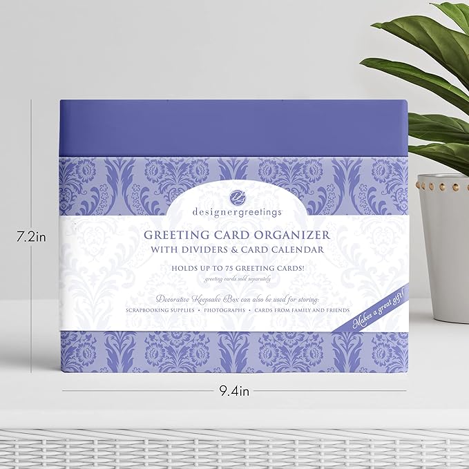 Designer Greetings Greeting Card Organizer Box with Dividers and Calendar, Decorative Lavender Damask Pattern (9.5” x 7.25” x 6”, Holds Up to 75 Greeting Cards), purple - large (711-00005-0000)