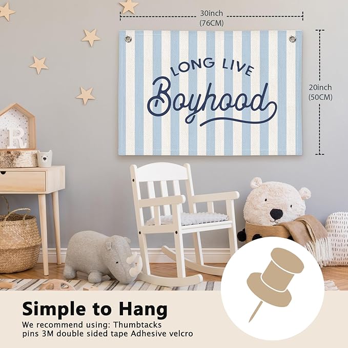 Long Live Boyhood Blue Striped Boys Room Decor - Linen Banner Wall Hanging Canvas Banner Flag Decor for Toddler Boy Bedroom Nursery Playroom