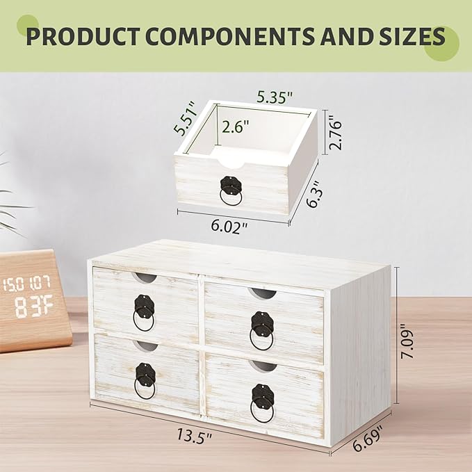 Wood Desk Organizer, White Wooden Desktop Organizer with Drawer, Tabletop Storage Organization Box for Countertop, Home Office Supplies, Bills (4 Drawer)