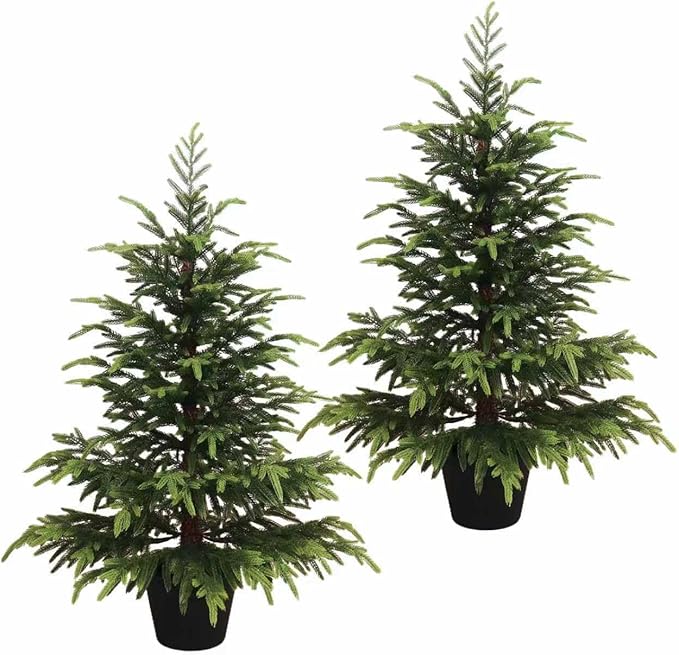 2Packs 3FT Artificial Christmas Tree Realistic Potted Small Xmas Tree for Tabletop Decor Norfolk Soft Touch Leaves with Black Pot, Perfect for Home Office Holiday Party Decorations