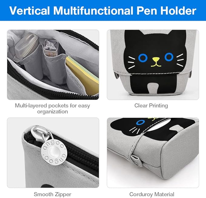 Cat Cute Standing Pencil Case for Kids, Pop Up Pencil Box Makeup Pouch, Stand UP Cartoon Christmas Gift Kids Pen Holder Organizer Cosmetics Bag, Kawaii Stationary (Black Cat)