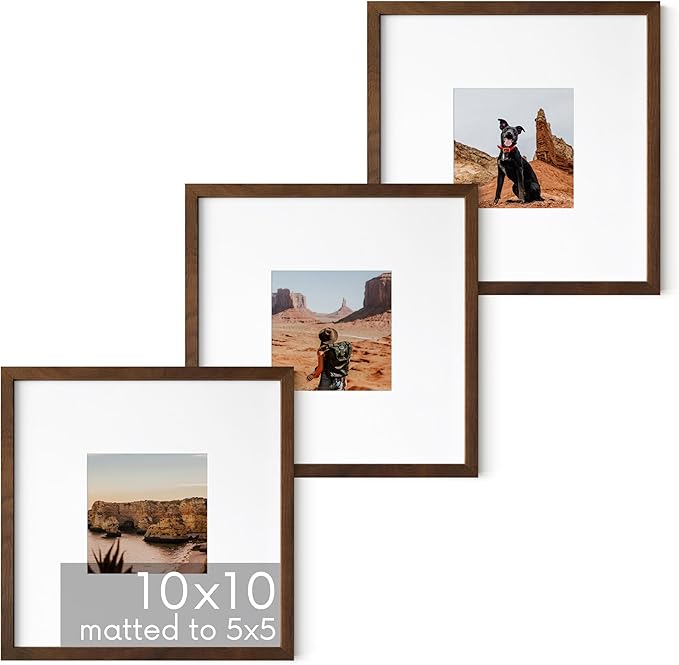 HAUS AND HUES Walnut Oak Wood 10x10 Picture Frames - Set of 3, Square Frames with Mat, Minimalist Frames for Wall Art and Prints (10x10 in, Walnut, Set of 3)