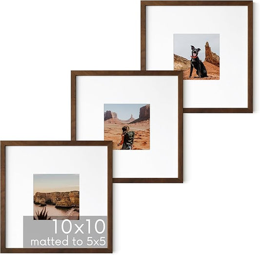 HAUS AND HUES Walnut Oak Wood 10x10 Picture Frames - Set of 3, Square Frames with Mat, Minimalist Frames for Wall Art and Prints (10x10 in, Walnut, Set of 3)