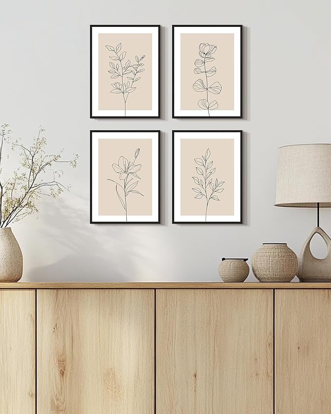 Drsoum Botanical Boho Framed Wall Art Wooded Minimalist Aesthetic Flower Prints Farmhouse Retro Plants Rustic Bathroom Kitchen Home Decor Ready to Hang 11x14inx4pcs (Black Framed)