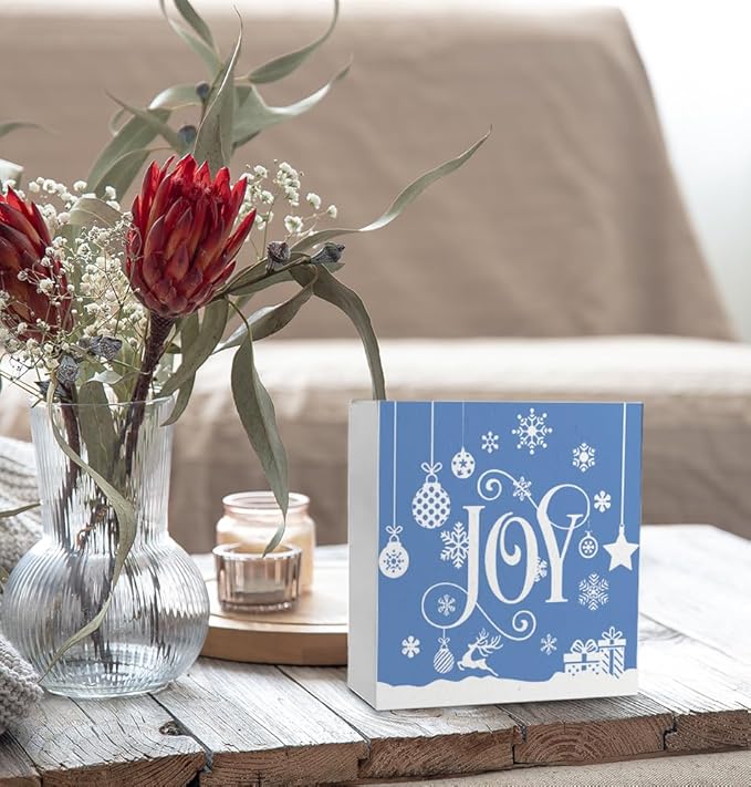 Joy Christmas Wooden Box Sign, Farmhouse Christmas Snowflake Reindeer Xmas Wood Signs for Home Office Table Shelf Decoration, 5x5 Inch (Blue)