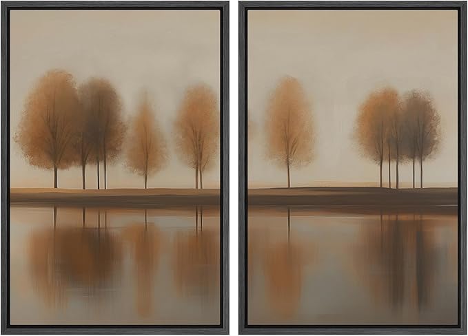 SIGNWIN Framed Canvas Print Wall Art Set Autumn Trees by The Lake Warm Brown Landscape Illustrations Modern Art Scenic Colorful for Living Room, Bedroom, Office - 24"x36"x2 Black