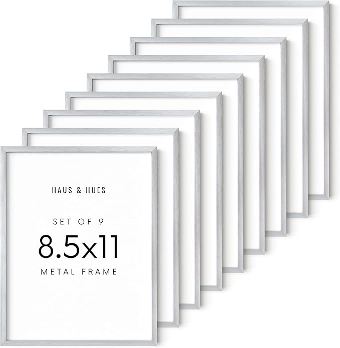 HAUS AND HUES 8.5x11 Silver Metal Picture Frames - Premium Aluminum with Vertical & Horizontal Hanging, Shatterproof Plexiglass - Perfect for Home or Office (8.5x11 in, Silver, Set of 9)