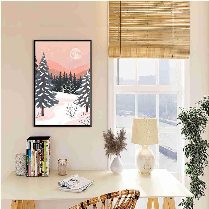 Framed Canvas Wall Art serene winter landscape art print Christmas snow cosy winter's day 16x24in Metal blackFramed