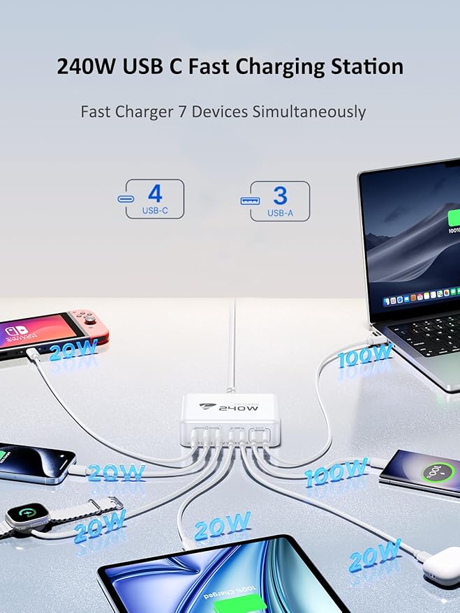 240W USB C Charging Station, 7-Port GaN USB C Charger Block, 100W Laptop USBC Fast Charger Compact 100W Laptop Charger Hub Wall Charger Adapter for MacBook Pro/Air,iPhone 16/15/14/13,Samsung S24